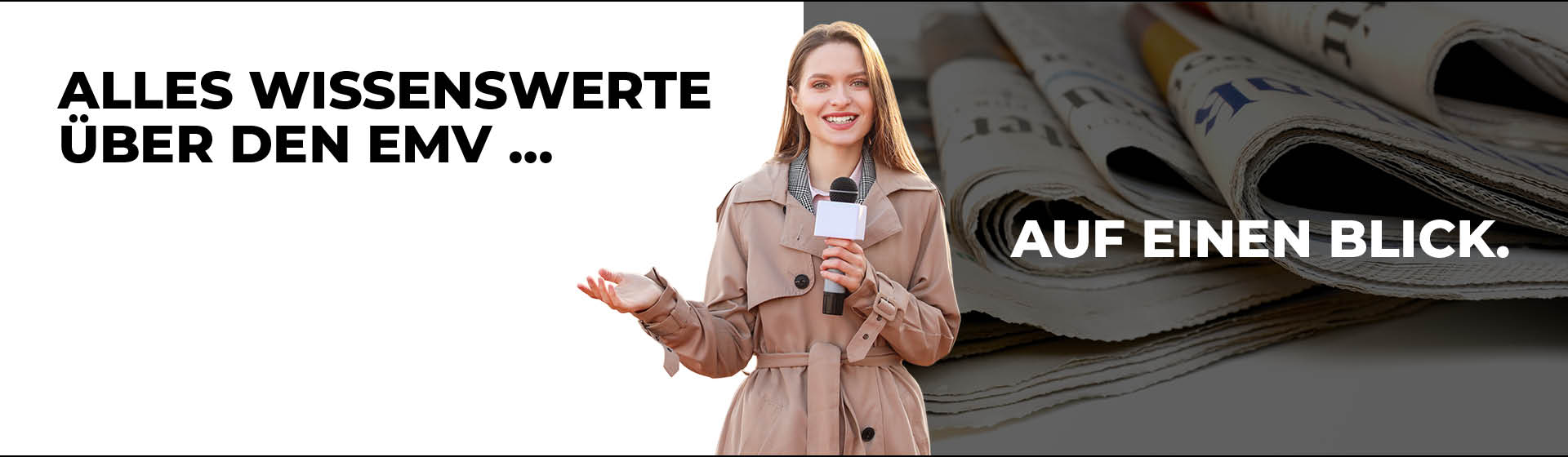 Frau als Reporterin mit einem Mikrofon in der Hand und einem Regenmantel an, Text